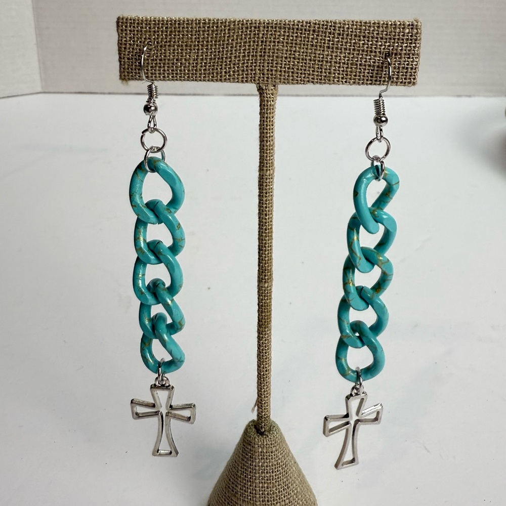 NEW Handmade Cross Turquoise Color Metal Earrings Western Dangly Jewelry